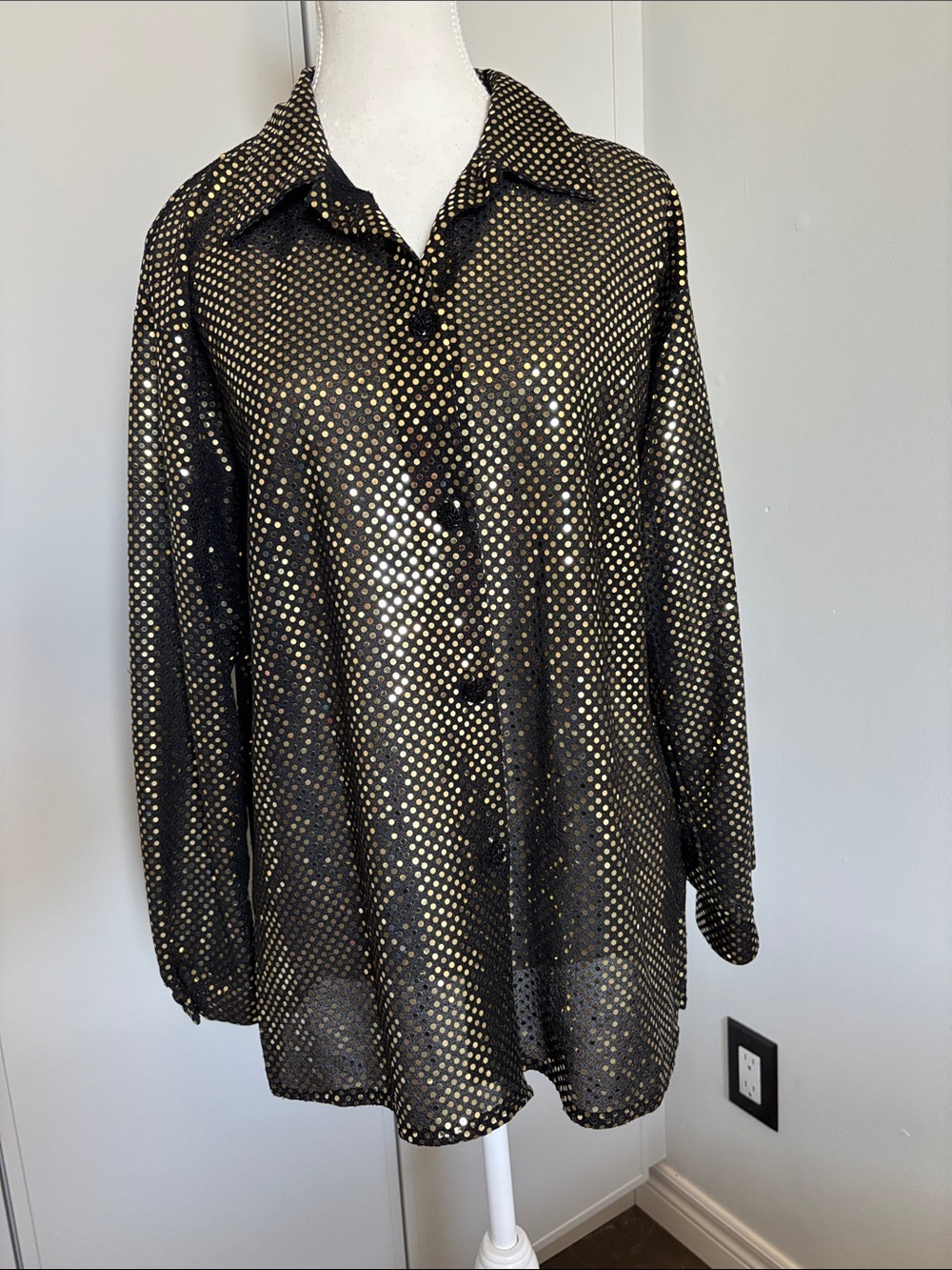 Vintage Black and Gold Dot Button-Up Blouse